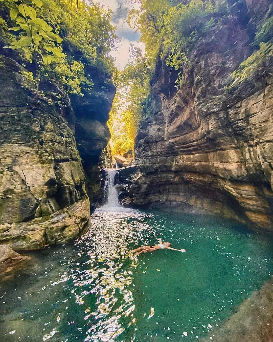 Cascada y poza de la Fuente del Jaguar entre paredes de roca y selva de Yungas