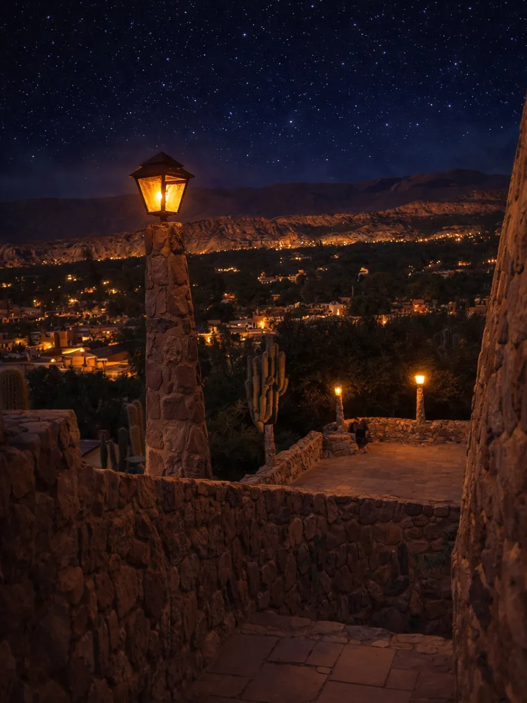 Humahuaca iluminada de noche bajo un cielo lleno de estrellas, vista desde el Monumento a los Héroes de la Independencia